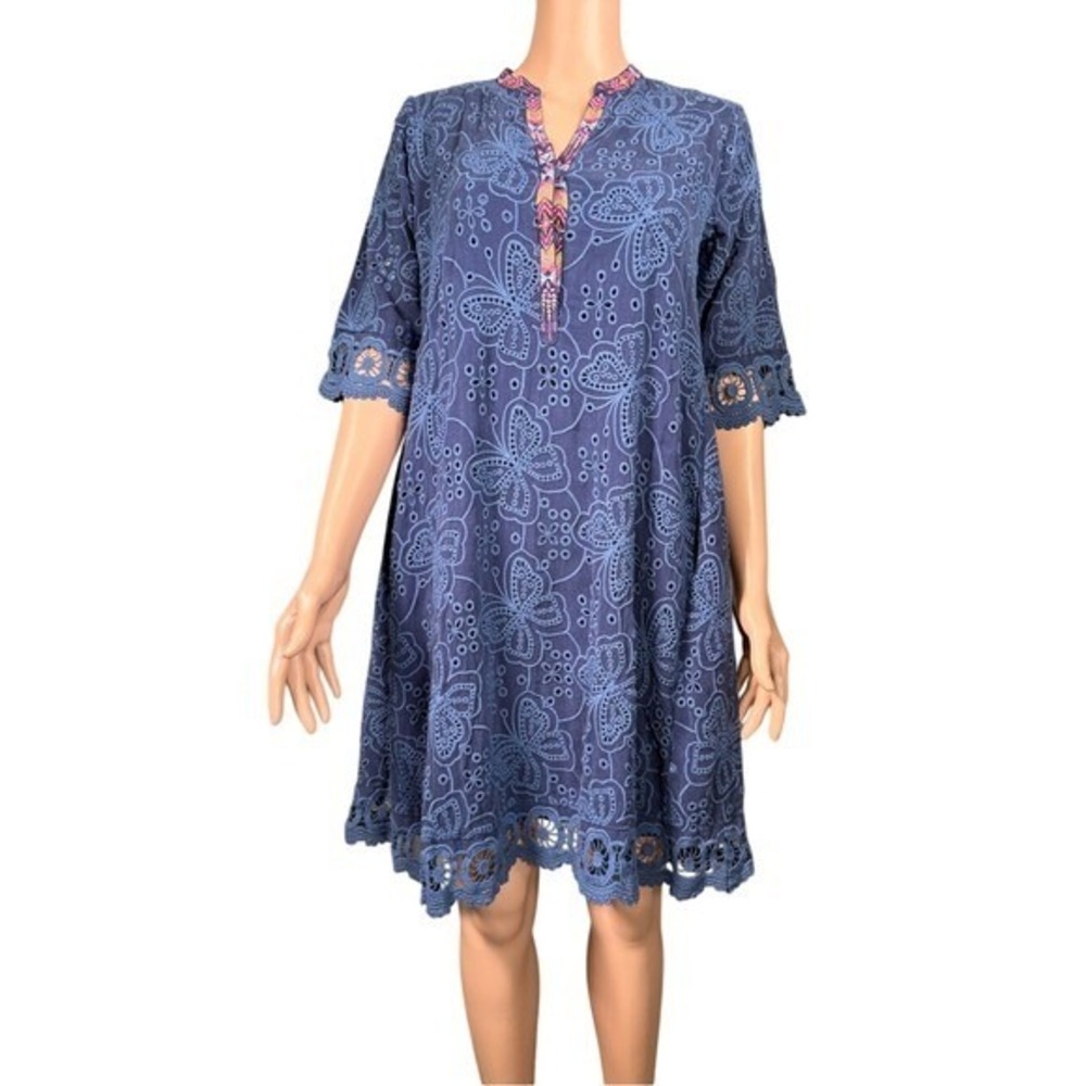 Johnny Was Malfi Mandarin Collar Dress XS Mariposa Blue Eyelet Butterfly +‎ Slip